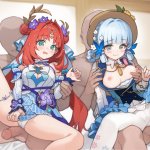 エフェクト,原神,妮露,红发,舞娘,神里绫华,青发,露胸,张腿,中出
